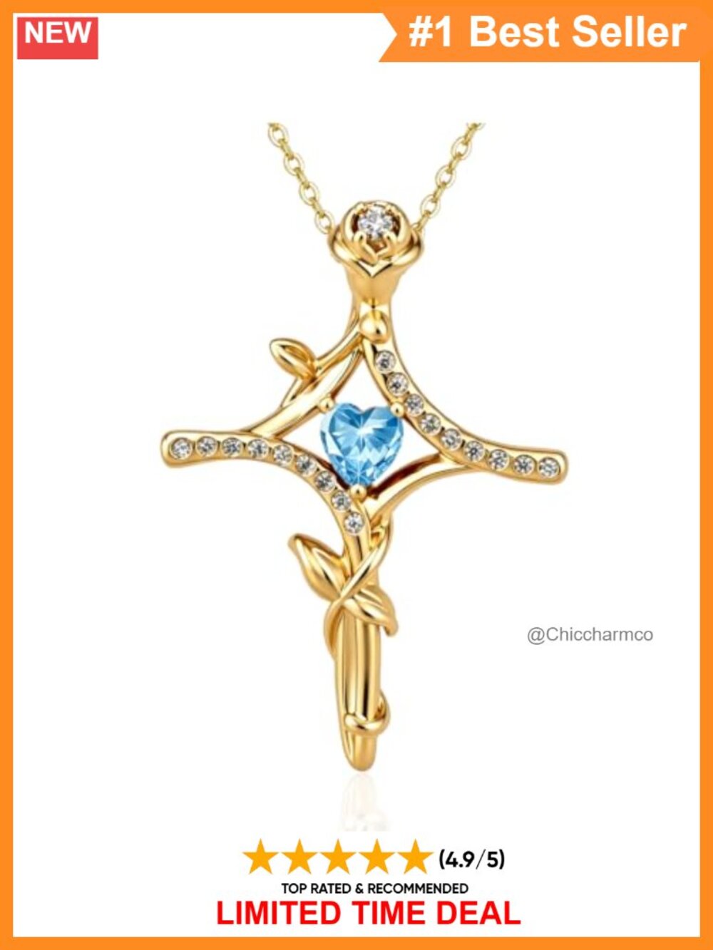 Gold Plated Twisted Rose Cross Necklace Heart CZ Pendant Christian Gift